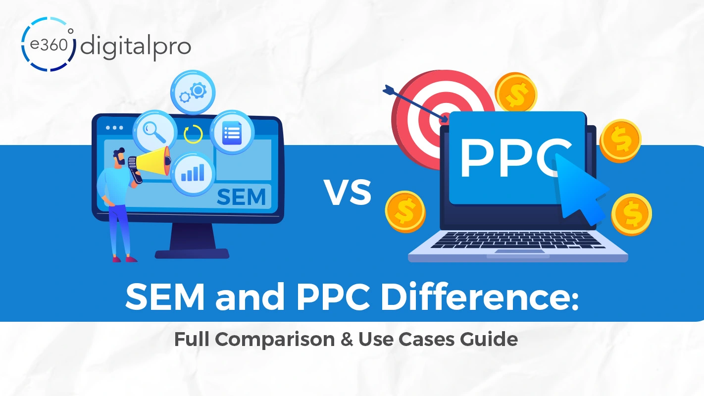 Comparison chart showing the differences between SEM and PPC marketing strategies, including paid ads, search visibility, and campaign management.