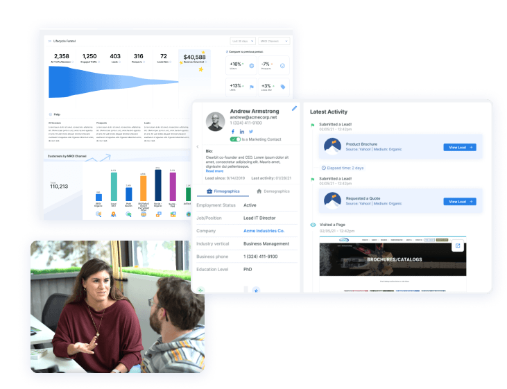 A composite image featuring a screenshot of a data analytics dashboard with various graphs and metrics, a profile view of a CRM user with contact information and recent activity, and a photograph of two people having a conversation in an office setting.